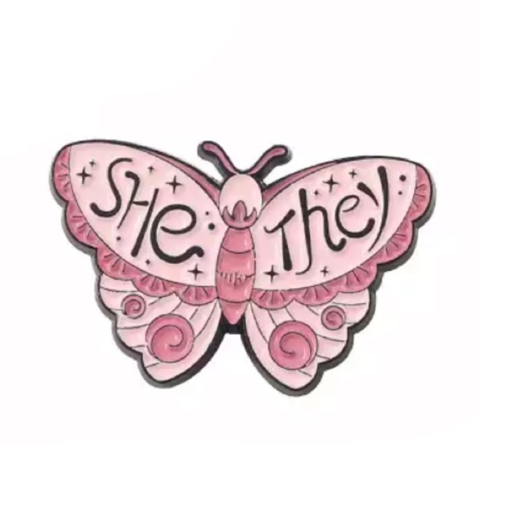 SHE/THEY Butterfly Enamel Pin Gender Fluid Fem Nonbinary Queer Pronouns Brooch
